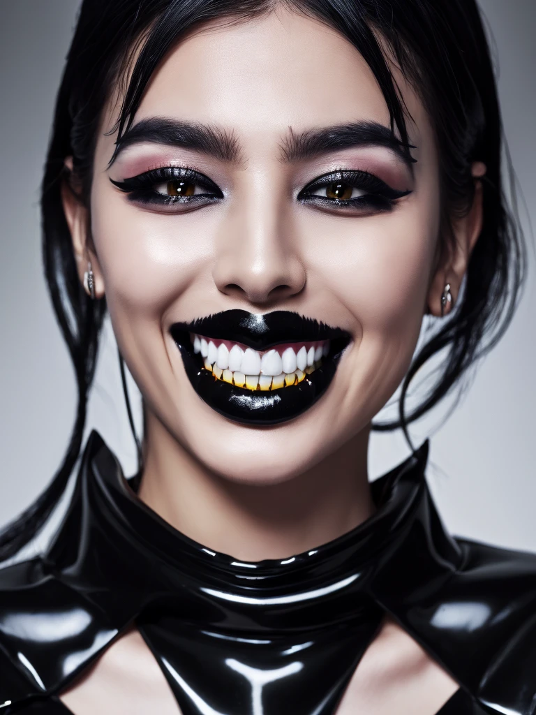 Best quality, masterpiece, ultra high res, photorealistic, raw photo, unity 8k wallpaper,(black lips:1.6),(black eyeshadow:1.3),parted lips,,(evil smile:1.3), latex suit.