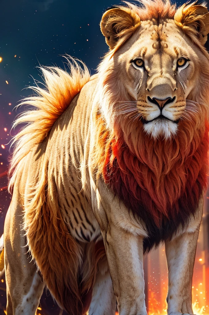 A stunning and captivating digital artwork created by Hans Darias AI, featuring a full-body lion with a fierce expression, displaying its bright, sharp fangs. The majestic lion is adorned with vibrant ultra-fluorescent colors that explode with energy, creating a mesmerizing palette of blues, pinks, purples, greens, oranges, yellows, and reds. The lion's fierce demeanor is accentuated by paint splatters and explosions surrounding it, adding to the dynamic and artistic energy of the piece. The predominantly white African landscape in the background highlights the vividness of the lion's colors, creating a striking visual impact that is both powerful and mesmerizing.