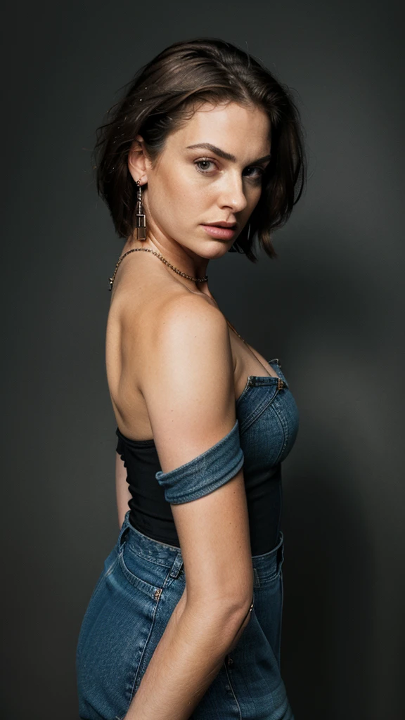 (realistic:1.4),(masterpiece:1.2), (best quality:1.2),looking at viewer,dramatic angle, dramatic pose,
1girl,black dress,(jewelry),showing right shoulder, denim,
