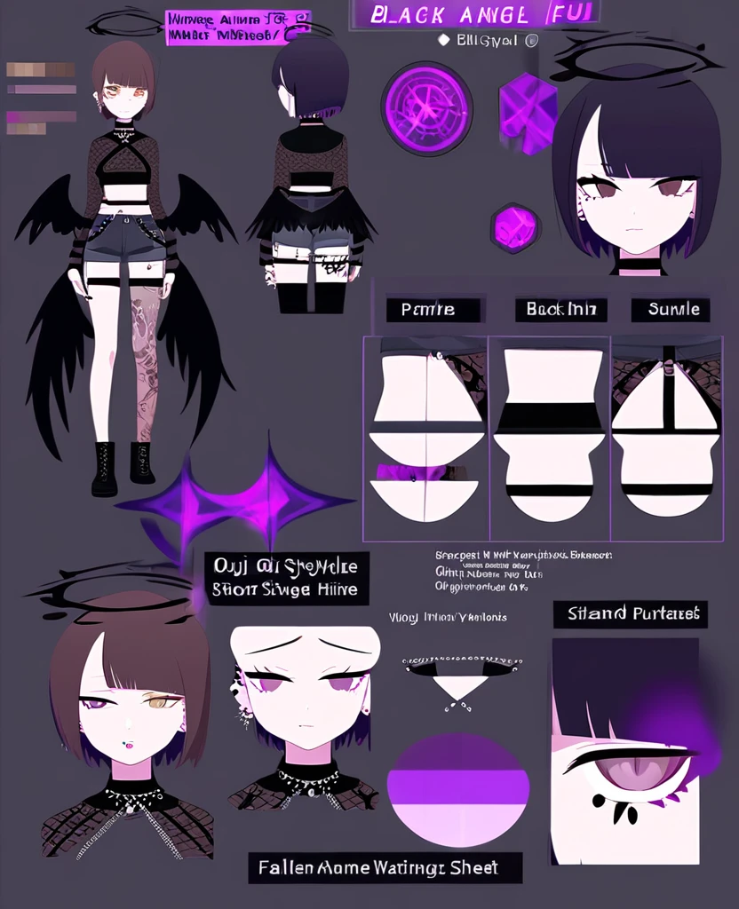 Anime girl. Fallen angel. Black wings. Black halo. Purple and brown eyes. Short, black hime haircut. Purple dye underneath. Singer. On stage. Purple fire. Ouji style. VKei style. Goth. Fire tattoos. Many piercings. Reference sheet. VTuber. Wearing shorts.