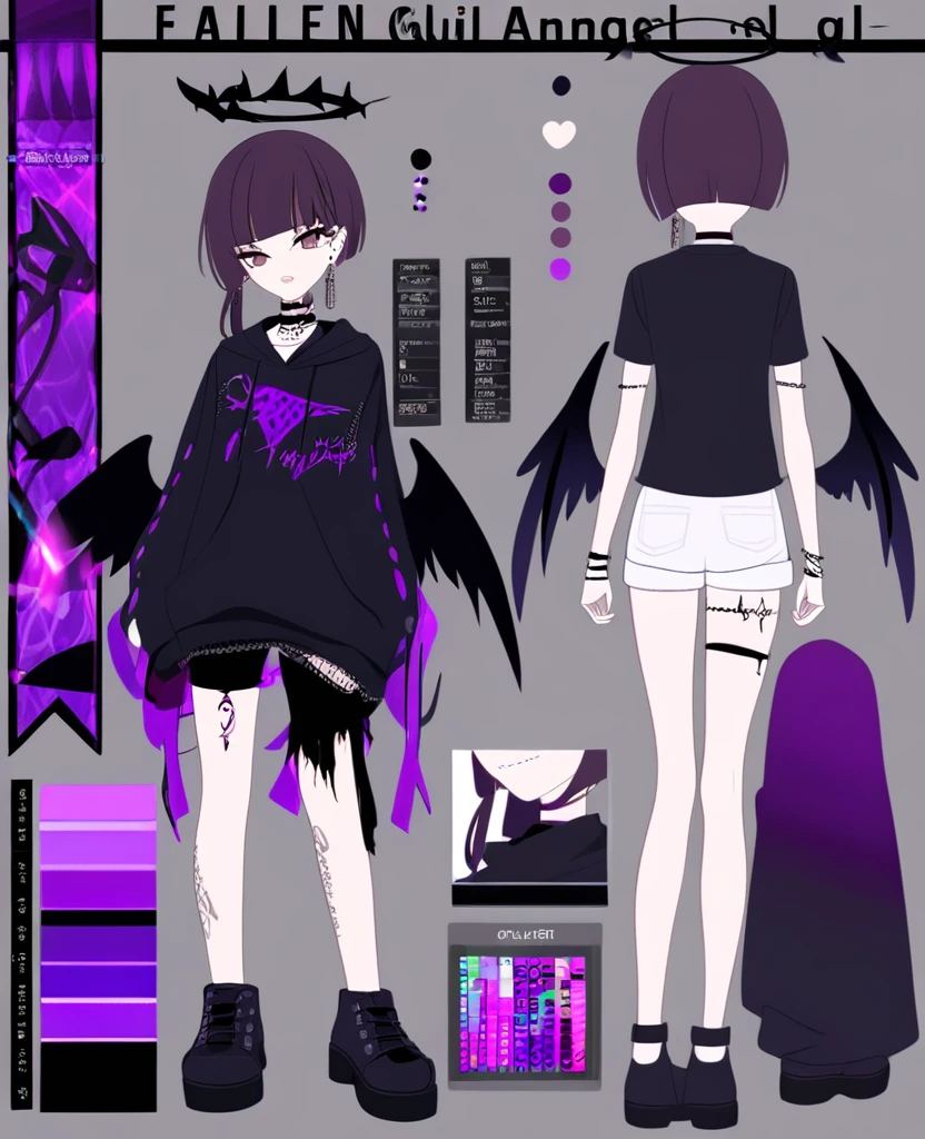 Anime girl. Fallen angel. Black wings. Black halo. Purple and brown eyes. Short, black hime haircut. Purple dye underneath. Singer. On stage. Purple fire. Ouji style. VKei style. Goth. Fire tattoos. Many piercings. Reference sheet. VTuber. Wearing shorts.