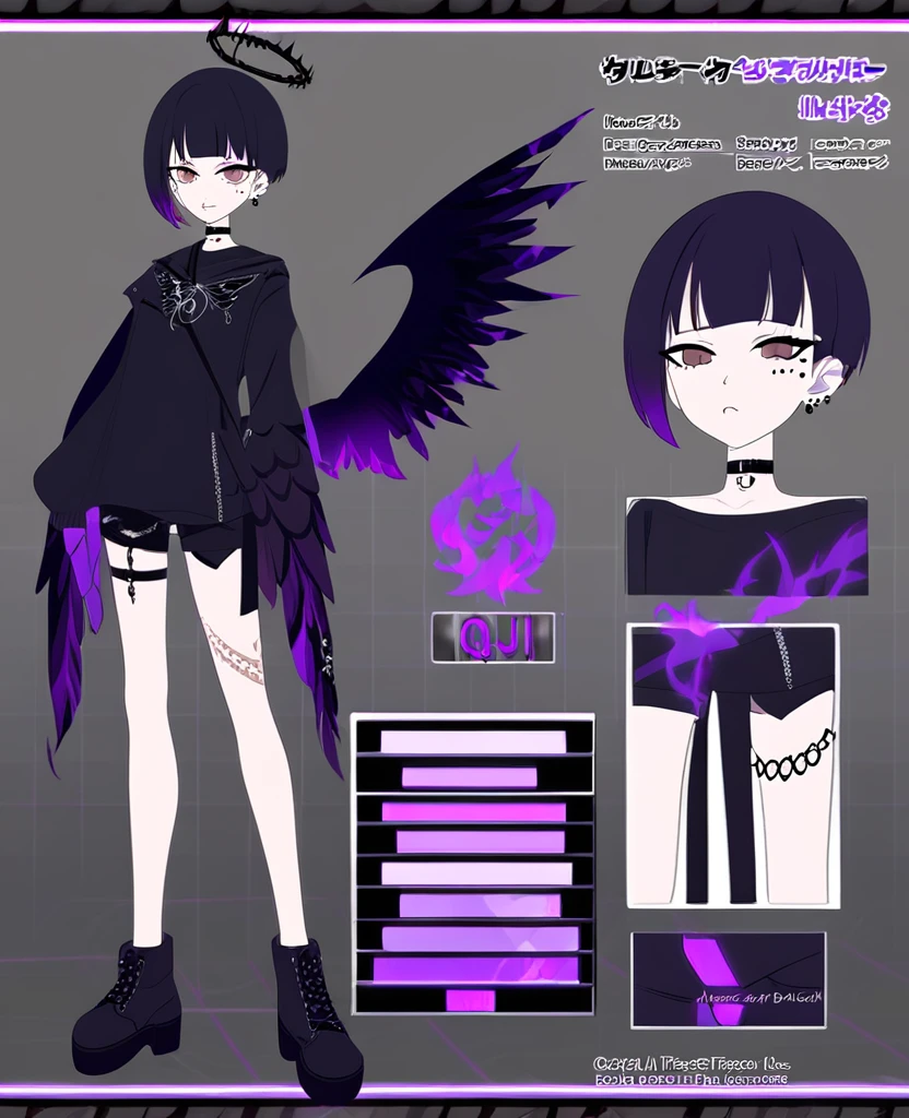 Anime girl. Fallen angel. Black wings. Black halo. Purple and brown eyes. Short, black hime haircut. Purple dye underneath. Singer. On stage. Purple fire. Ouji style. VKei style. Goth. Fire tattoos. Many piercings. Reference sheet. VTuber. Wearing shorts.