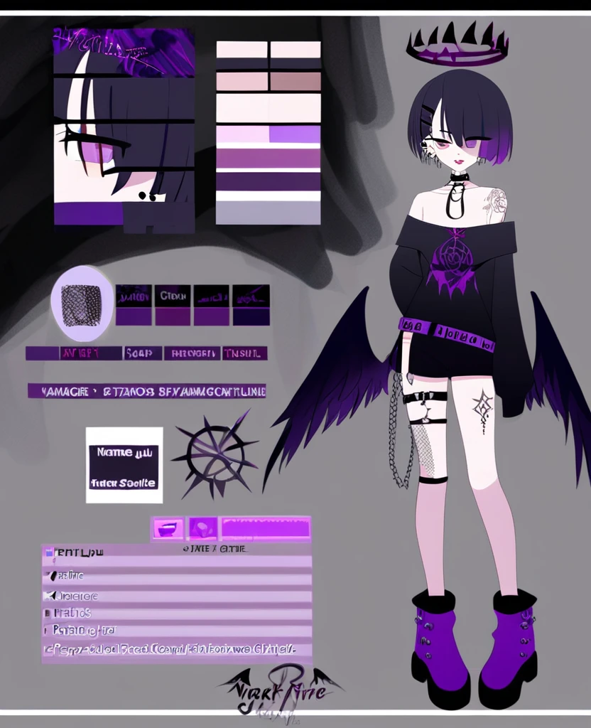 Anime girl. Fallen angel. Black wings. Black halo. Purple and brown eyes. Short, black hime haircut. Purple dye underneath. Singer. On stage. Purple fire. Ouji style. VKei style. Goth. Fire tattoos. Many piercings. Reference sheet. VTuber. Wearing shorts.
