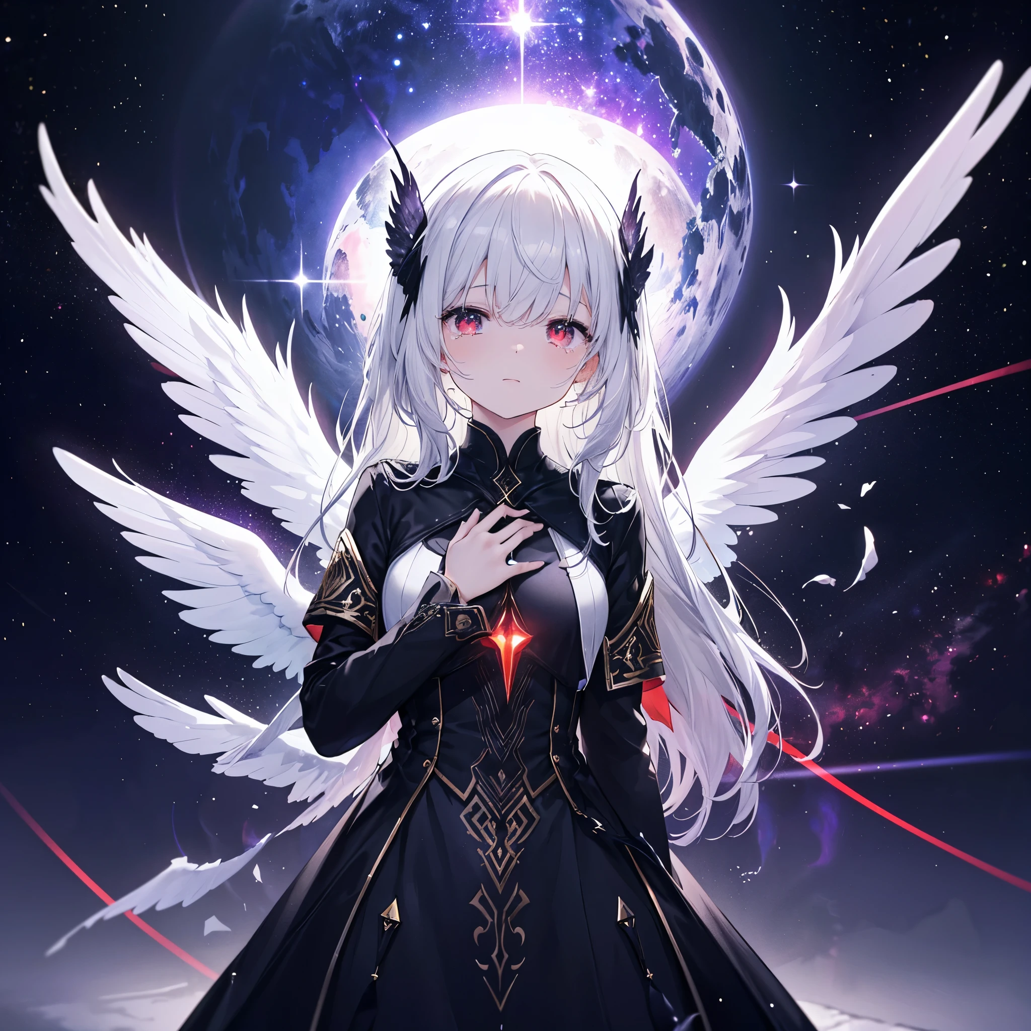 (((((Archangel、Place your hand on your chest、Face it、Close-up　Galaxy Background、Shine　tears、Reflection of light)))))　((((Pitch black ring　Fantasy　Long Hair、Black and white、Swaying in the Wind　Dull red eyes　Show your side　Wings bigger than me、Covering the body))))　(((Lonely、despair　shout)))　((gloves))　(Distorted Space-Time　Big full moon)　Shine背景　Particles of light, Shineエッジ