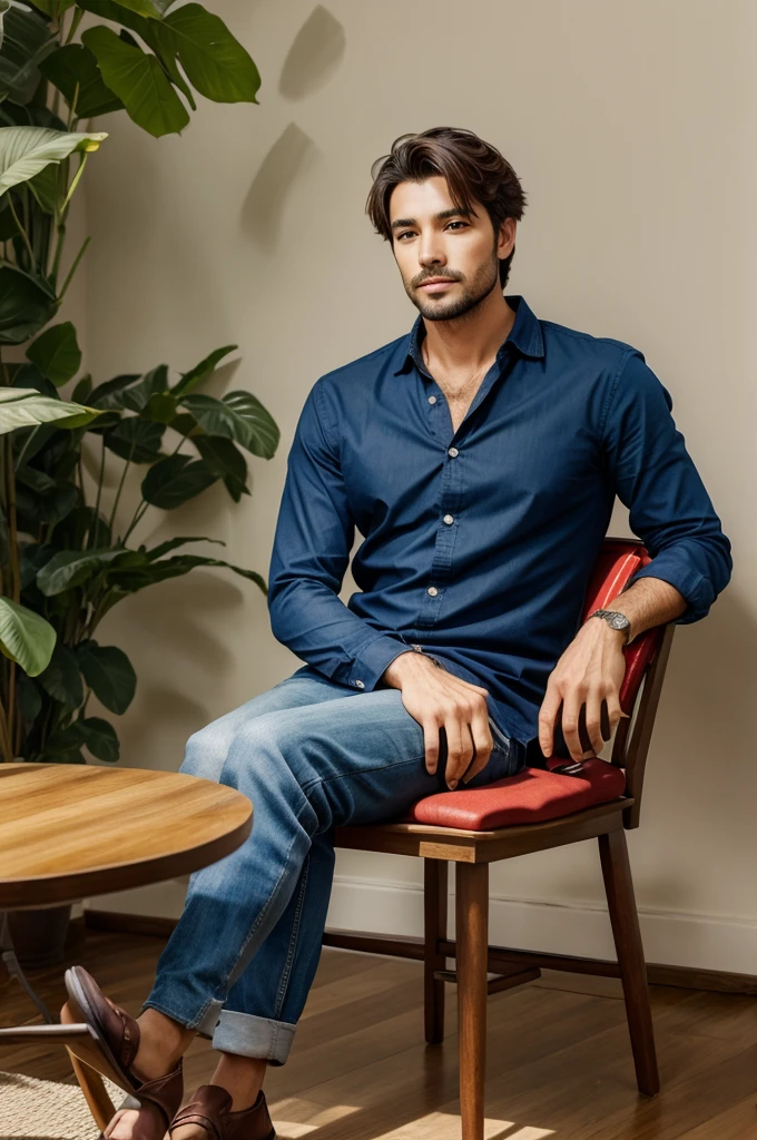 Creat an image in which a men sitting on a chair and a table in his front an some fruits are on the table