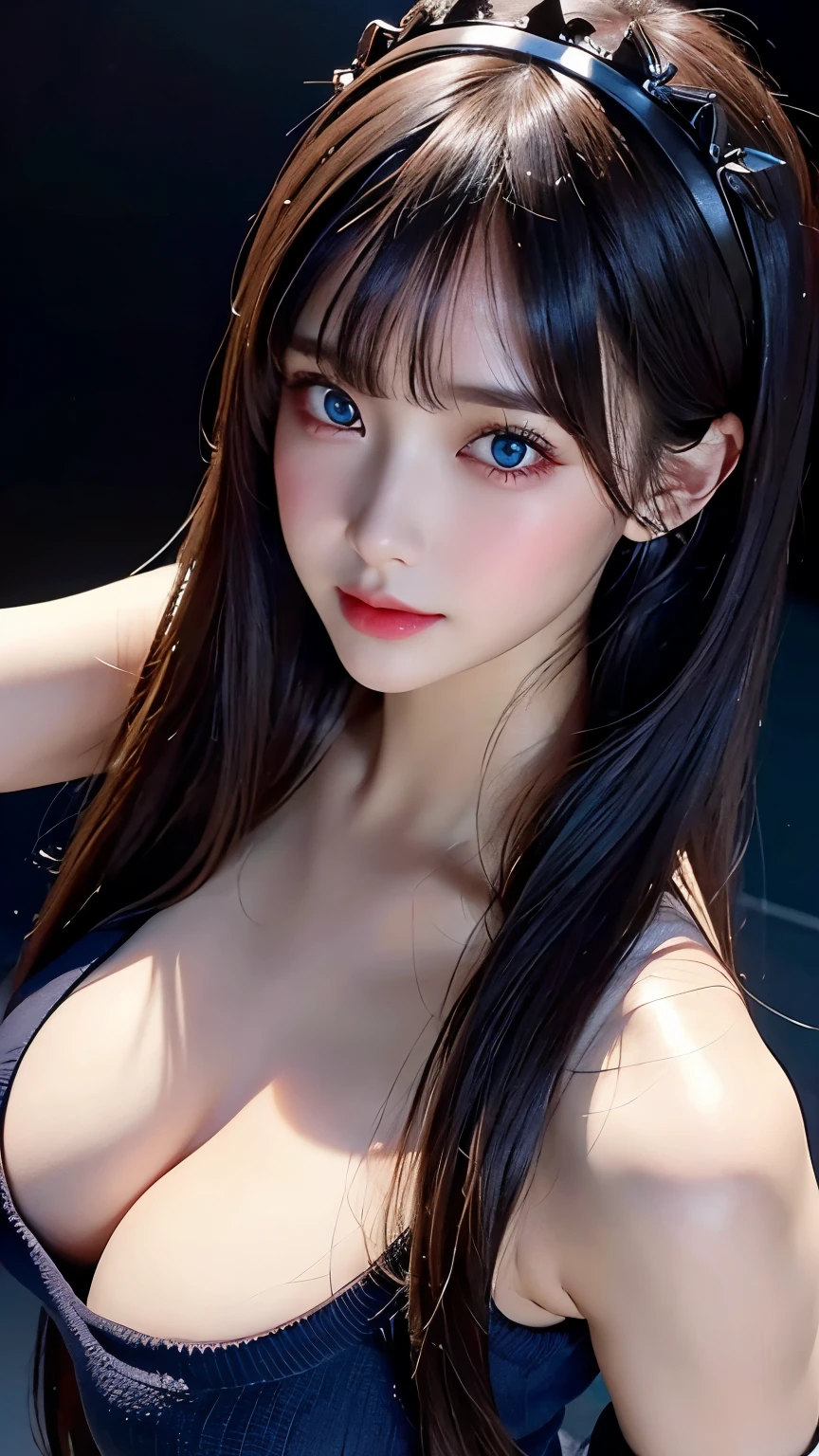Best Quality, Masterpiece,, finely detailed skin, clear focus, cinematic lighting, soft lighting , Random Hairstyle, Ultra-detailed face, Detailed eyes, Glossy skin, Bangs, big boob, sagging breasts, Exposed long cleavage, blue Eyes, ((Dark background)), looking at viewer, off shoulder, black sweater, sharp face, open mouse, long bang, from above