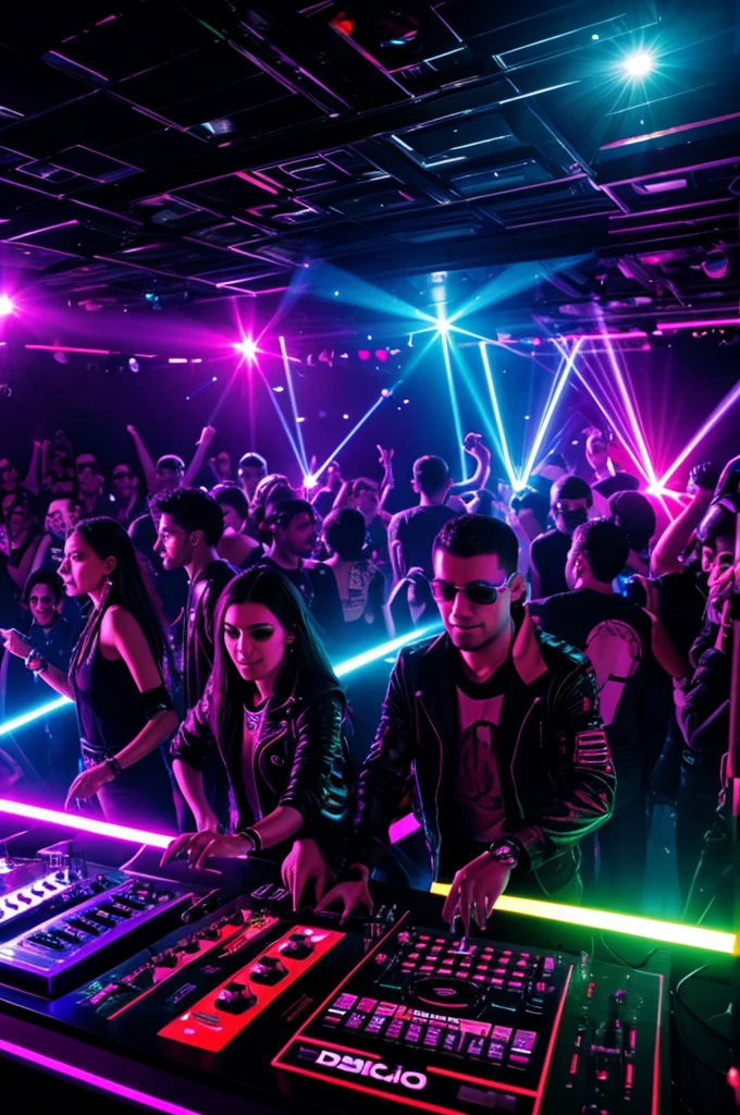 4 humanoid DJs playing electronic music in a disco with colored laser lights everywhere and a group of people in the center dancing.