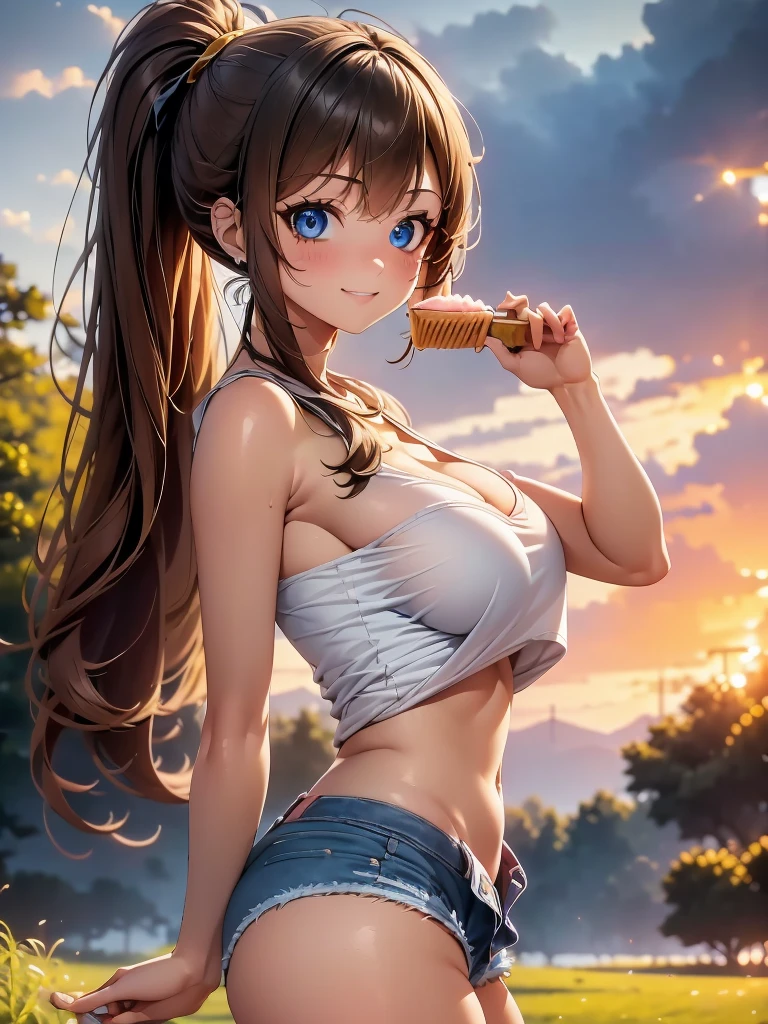 1girl, solo, beautiful girl, brunette skin, blue eyes, detailed anime style, perfect anatomy, perfect hands, narrow waist, medium breasts, long hair, brown hair, high ponytail, asymmetrical bangs, blue eyes, detailed eyes, blush, emerald earrings, orange shirt, shirt lift, denim shorts, cleavage, bare arms, bare shoulders, smile, standing, perfect hands, arm up, woods, cabin, sunset, orange sky, clouds, outdoors, underboobs, ice cream, holding ice cream, high quality, high resolution, from behind, ass,