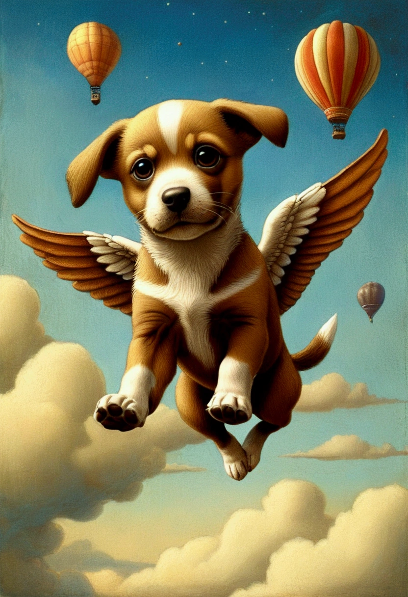 Flying Puppy, full body, by Pawel Kuczynski, cinematic still, (best quality, masterpiece), very aesthetic, perfect composition, intricate details, ultra-detailed, vivid colors