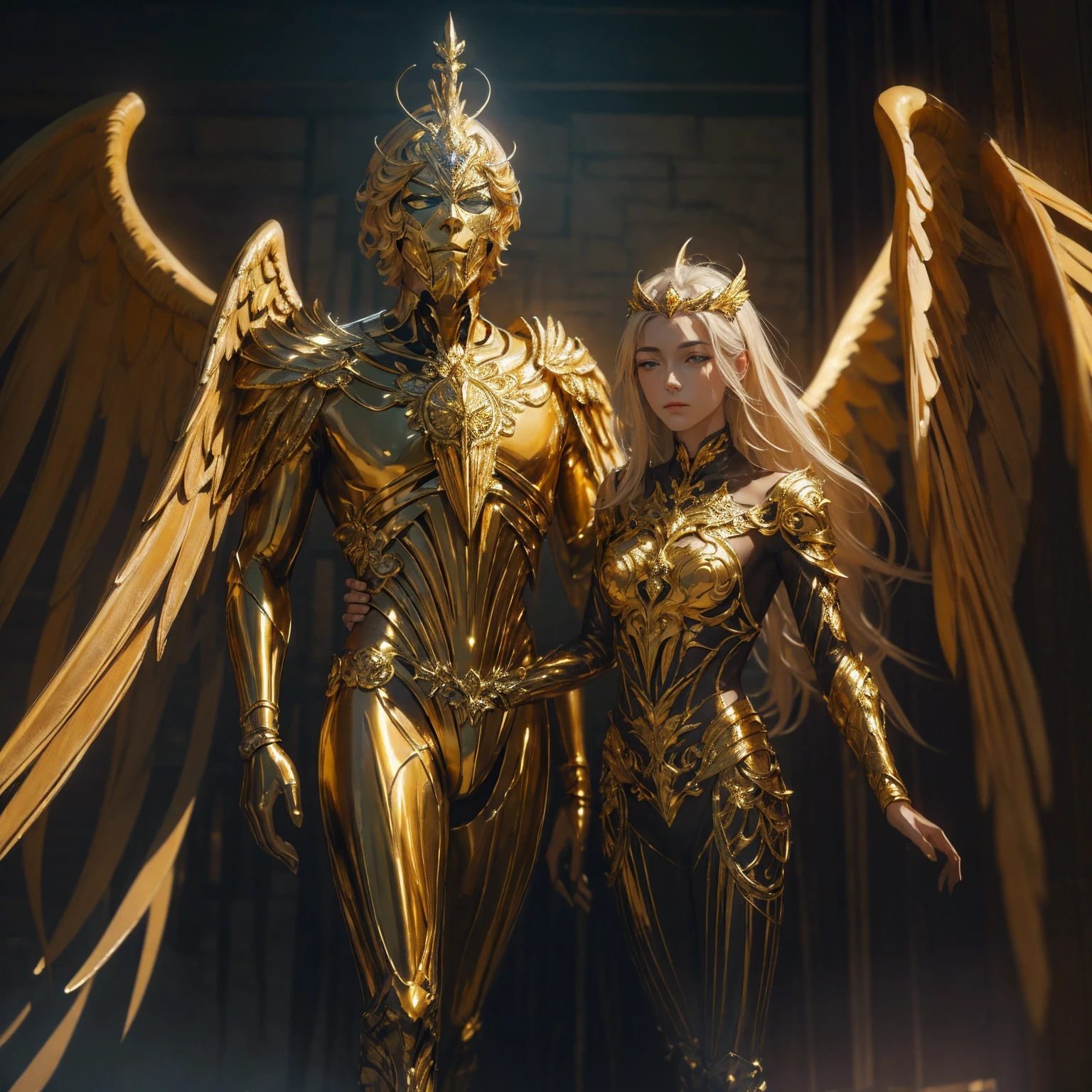 there is a gold statue of a man with wings on it, a surrealist sculpture inspired by Hedi Xandt, pexels contest winner, art nouveau, golden mask, a man wearing golden mask, gold mask, angelic golden armor, angel in plastic armor, gold wings on head, sergey zabelin, alexey egorov