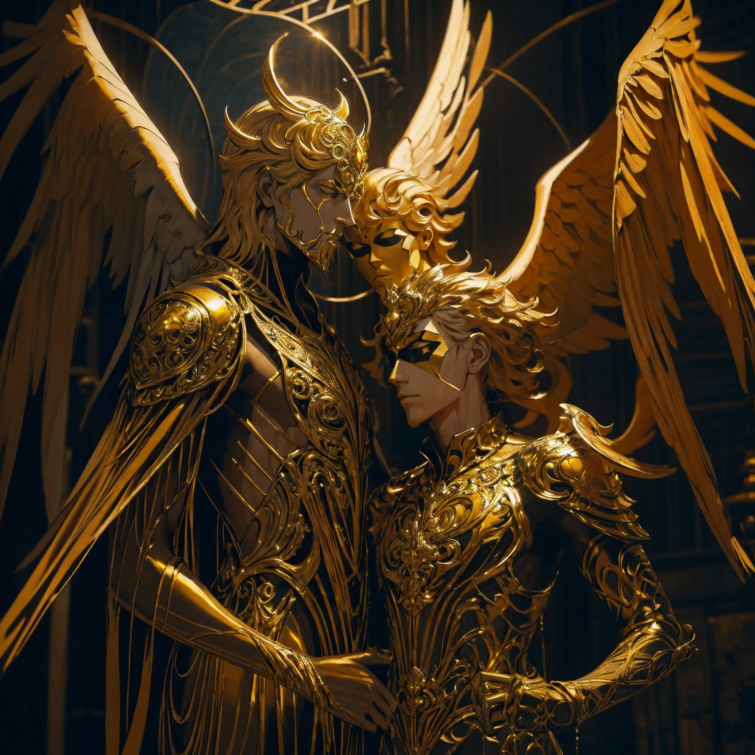 there is a gold statue of a man with wings on it, a surrealist sculpture inspired by Hedi Xandt, pexels contest winner, art nouveau, golden mask, a man wearing golden mask, gold mask, angelic golden armor, angel in plastic armor, gold wings on head, sergey zabelin, alexey egorov