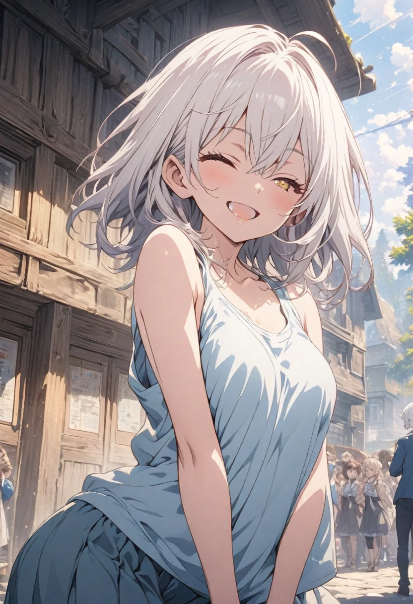 masterpiece, Highest quality, Highly detailed CG Unity 8K wallpapers, High School Girl Anime Illustration. Wear an oversized tank top、Standing in honorポーズをする、crossed armsポーズをする、she has her eyes closed and mouth open, smile. The background is a light pastel colored landscape.., white hair color, Yellow Eyes, Cowboy Shot、crossed armsポーズをして立っている猫
