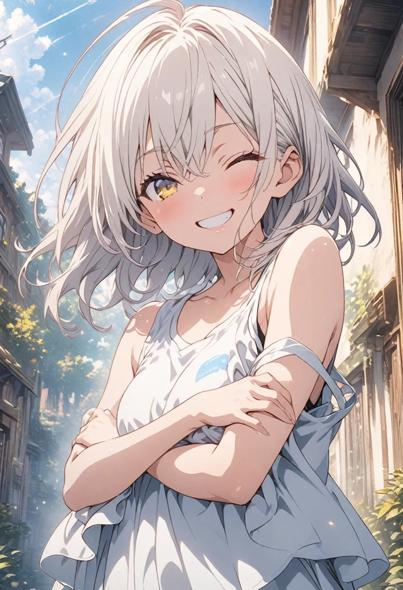 masterpiece, Highest quality, Highly detailed CG Unity 8K wallpapers, High School Girl Anime Illustration. Wear an oversized tank top、Standing in honorポーズをする、crossed armsポーズをする、she has her eyes closed and mouth open, smile. The background is a light pastel colored landscape.., white hair color, Yellow Eyes, Cowboy Shot、crossed armsポーズをして立っている猫