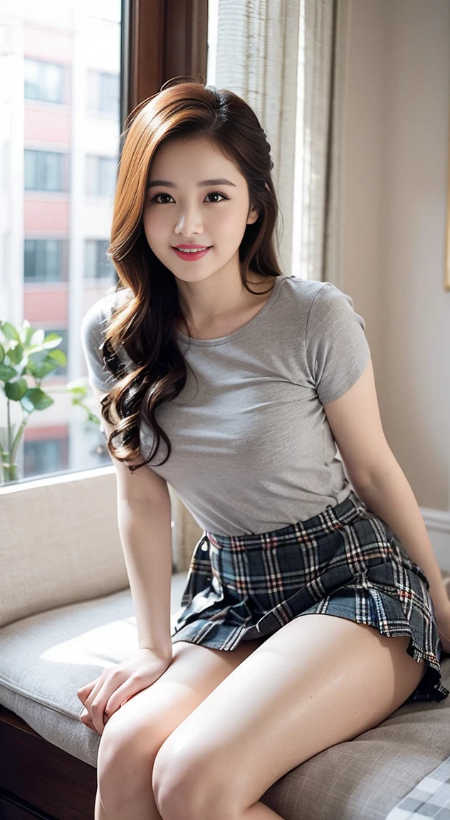 Highest quality, 1 beautiful woman, 28 years old, Oval face,Phoenix Eyes,Eyebrow, Double eyelids, Long eyelashes, A faint smile, ,S, 35mm lens, F/1, Cowboy Shot, Specific Background、Tiled background、Perm、Sweat ((Light grey Straight dreSS:1.1)),((plaid short pleated skirt:1.3)), White shoes,Perfect proportion,Sexy pose, (a charming Smile:1.2), Perfect proportion,Sexy pose,look、Stare、HouSeplant、verdant、look到whole body、window,rha30
