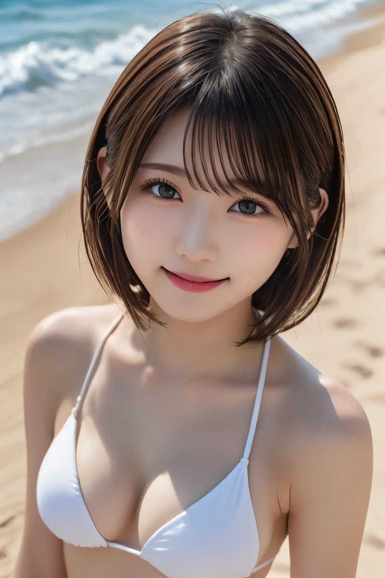 8k、Highest quality、（beautiful）、Precision Eyes、Fine skin、smile、Caramel Blonde Hair、Upper Body、Micro bikini with visible nipples、Soft Breasts、Beach、Semi-short hair、Larger breasts、Shoot from above、