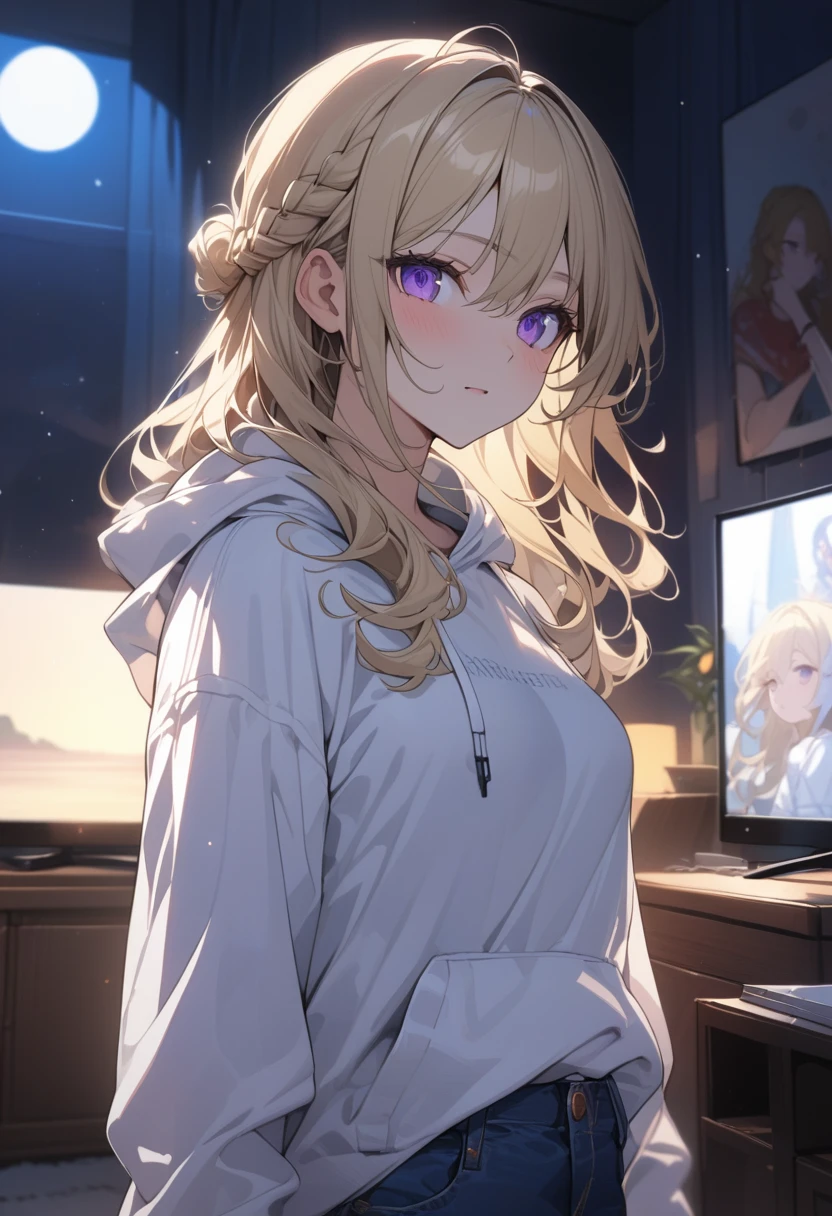 masterpiece, best quality, extremely detailed, ultra detailed, flat anime, 2D, 1girl, (young adult:1.2),blonde hair, (semi-long hair:1.2), curly hair, french braid, medium breasts, purple eyes, tsurime, height 1.7meters, white hooded sweatshirt, jeans,bracelet, long sleeves,socks, upper body, portrait, moonlight, Back Light, , very interesting, summer, livingroom, standing