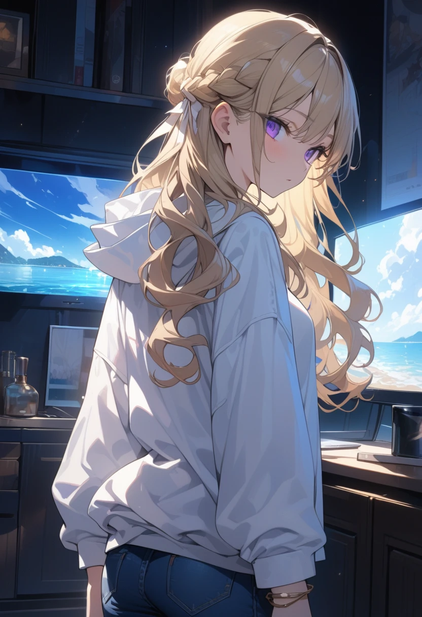 masterpiece, best quality, extremely detailed, ultra detailed, flat anime, 2D, 1girl, (young adult:1.2),blonde hair, (semi-long hair:1.2), curly hair, french braid, medium breasts, purple eyes, tsurime, height 1.7meters, white hooded sweatshirt, jeans,bracelet, long sleeves,socks, upper body, portrait, moonlight, Back Light, , very interesting, summer, livingroom, standing