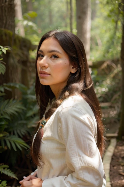 A beautiful Native American girl in a lush green forest, wearing a traditional dress, with long flowing hair, detailed facial features, looking thoughtfully into the distance, surrounded by wildlife, light streaming through the trees, ethereal, vibrant colors, photorealistic, 8k, highly detailed