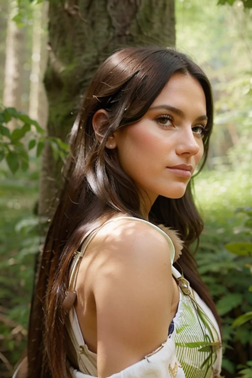 A beautiful Native American girl in a lush green forest, wearing a traditional dress, with long flowing hair, detailed facial features, looking thoughtfully into the distance, surrounded by wildlife, light streaming through the trees, ethereal, vibrant colors, photorealistic, 8k, highly detailed