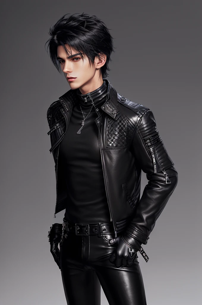 Final fantasy taste and reality graphics, ((Japanese young cute and cool ikemen  boy)), his age is early 20s, thin eyebrows and beady eyes,  ((he wearing black color leather  thick and heavy material jacket)), ((jacket is singlebrest)), ((biker style jacket)), ((jacket is large size)),((with epaulet)), ((jacket is long sleeve)), ((zipped front of the leather jacket)), , ((voluminous leather jacket)), ,((must jacket is high length and stand-up collar)) ((jacket collar with two belts)), ((jacket is a little black color line pattern)), ((also wearing black thick material turtleneck lackluster shirts)),  ((tight black leather pants)),  ((put black leather tight and thin glove on both hands)), ((black leather knee-high raceup boots)),((must views  head-to-toe)),((must views whole body)), ,((Do not show skin from the neck down)),leather jacket leather glove and leather pants have few wrinkles, Avoid showing your innerwear,zip up jacket fastner.must put on a leather glove.
Boy is black hair.boy looks like fashion model.
