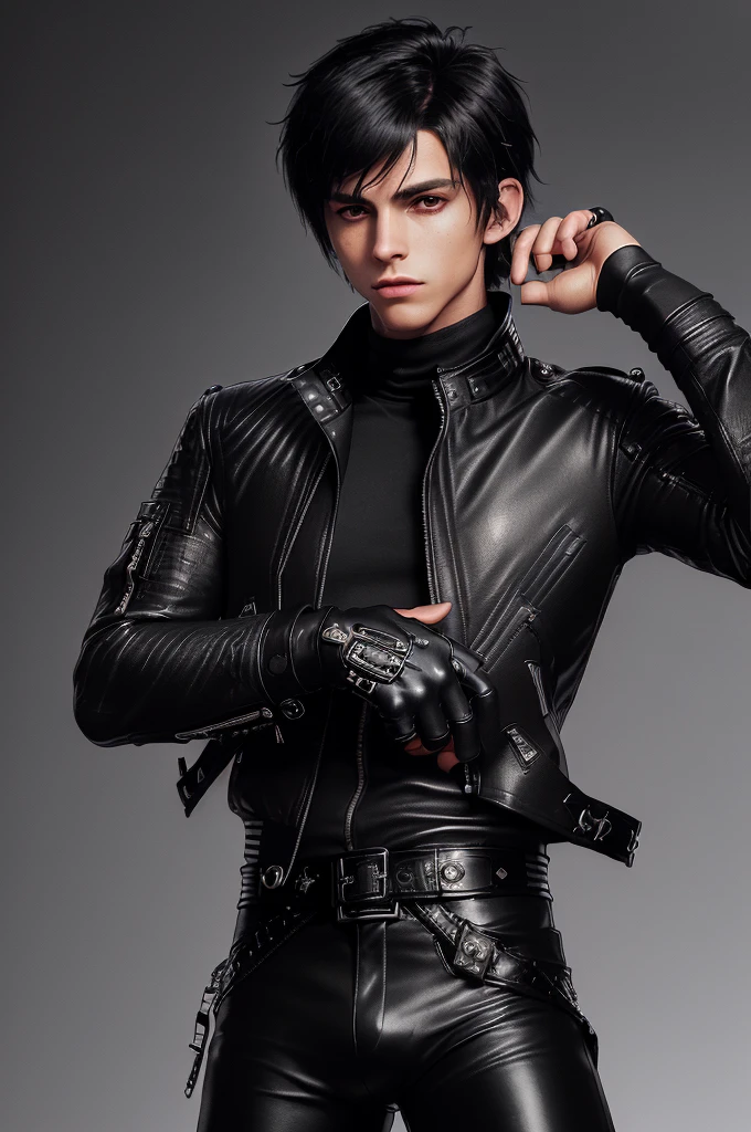 Final fantasy taste and reality graphics, ((Japanese young cute and cool ikemen boy)), his age is early 20s, thin eyebrows and beady eyes, ((he wearing black color leather thick and heavy material jacket)), ((jacket is singlebrest)), ((biker style jacket)), ((jacket is large size)),((with epaulet)), ((jacket is long sleeve)), ((zipped front of the leather jacket)), , ((voluminous leather jacket)), ,((must jacket is high length and stand-up collar)) ((jacket collar with two belts)), ((jacket is a little black color line pattern)), ((also wearing black thick material turtleneck lackluster shirts)), ((tight black leather pants)), ((put black leather tight and thin glove on both hands)), ((black leather knee-high raceup boots)),((must views head-to-toe)),((must views whole body)), ,((Do not show skin from the neck down)),leather jacket leather glove and leather pants have few wrinkles, Avoid showing your innerwear,zip up jacket fastner.must put on a leather glove.
Boy is black hair.boy looks like fashion model.