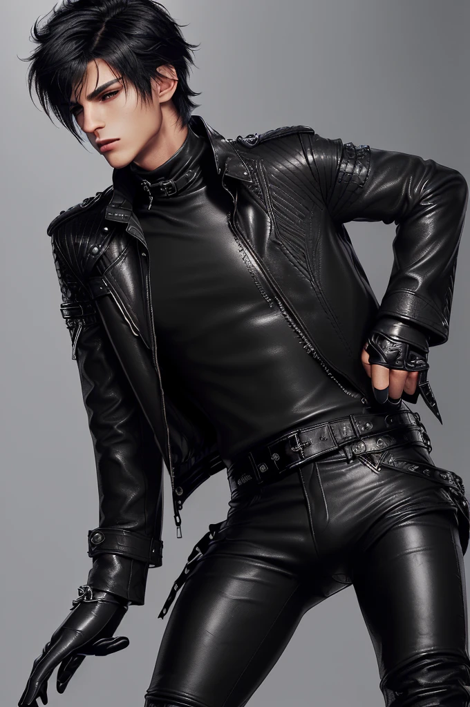 Final fantasy taste and reality graphics, ((Japanese young cute and cool ikemen boy)), his age is early 20s, thin eyebrows and beady eyes, ((he wearing black color leather thick and heavy material jacket)), ((jacket is singlebrest)), ((biker style jacket)), ((jacket is large size)),((with epaulet)), ((jacket is long sleeve)), ((zipped front of the leather jacket)), , ((voluminous leather jacket)), ,((must jacket is high length and stand-up collar)) ((jacket collar with two belts)), ((jacket is a little black color line pattern)), ((also wearing black thick material turtleneck lackluster shirts)), ((tight black leather pants)), ((put black leather tight and thin glove on both hands)), ((black leather knee-high raceup boots)),((must views head-to-toe)),((must views whole body)), ,((Do not show skin from the neck down)),leather jacket leather glove and leather pants have few wrinkles, Avoid showing your innerwear,zip up jacket fastner.must put on a leather glove.
Boy is black hair.boy looks like fashion model.
