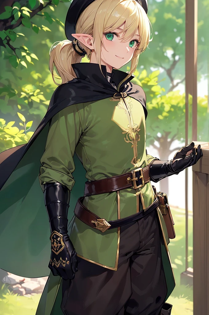 (((masterpiece; best quality: 1.2))), (finely detailed eyes: 1.3), (25 year old elf man), (solo), (green eyes: 1.4), (body; toned, fit, masculine: 1.3), (silky blonde hair in low ponytail: 1.3), (beautiful and clear background: 1.2), ((depth of field)), (equipment: adventurer garb + modest + elegant wide-brim hat + dark tunic + dark long cape + black pants + gloves + belt + pouches: 1.3), (anime illustration: 1.2), (background composition; royal garden: 1.1), (extremely fine and handsome: 1.1), (shot composition; standing + centered on torso + close-up: 1.5), (expression; calm, smile: 1.2)