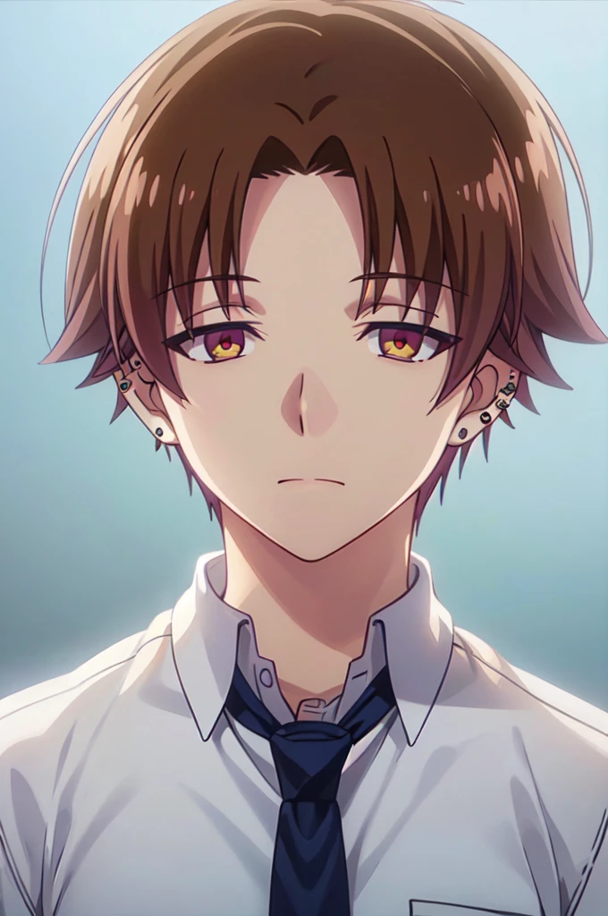 Masterpiece, best quality, 1boy, upper body, necktie, ((black ear piercing)), closed mouth, simple backround, blonde hair, short hair, brown eyes, from above, looking at viewer, face, earrings