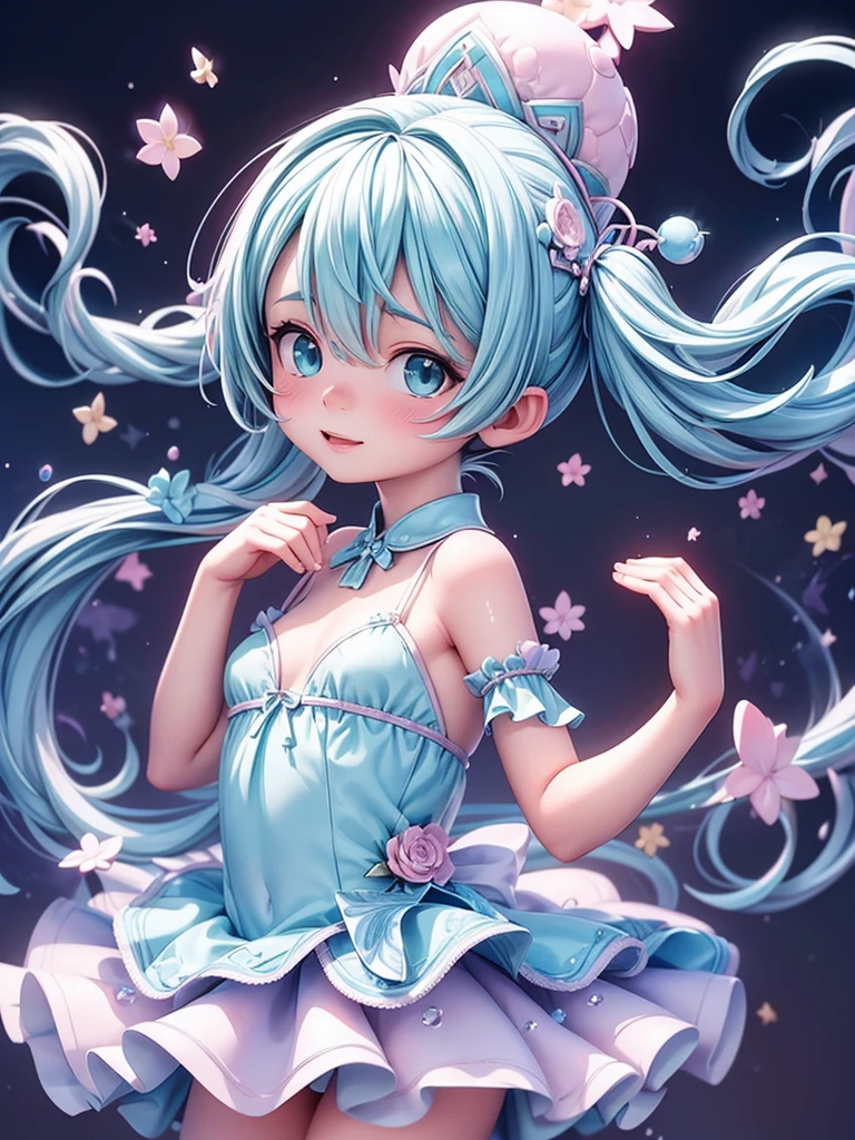 (masterpiece、Highest quality、Highest quality、Official Art、beautiful:1.2、8k resolution)、(One Girl:1.3)、hatsune miku、Twin tails,Big Breasts、E Cup,Chubby Beautiful Girl, White ball gown, Vibrant pastel colors, (colorful), 長くFlowing液体ピンクの髪, Magic lights, sparkling magic liquid, inspired Glen Keane, inspired By Lois Van Baarle, Disney Art Style, By Lois Van Baarle, An aura that glows around her, Glen Keane,, Shining Light! Digital Painting, Flowing, Shiny Hair, Shiny, Flowingような髪, beautifulデジタルイラスト, Fantasia Background, Whimsical,Fantasy, Intricately detailed lingerie, Highly detailed lingerie, Sharp focus, , Sparkling eyes, Liquid watercolor background、