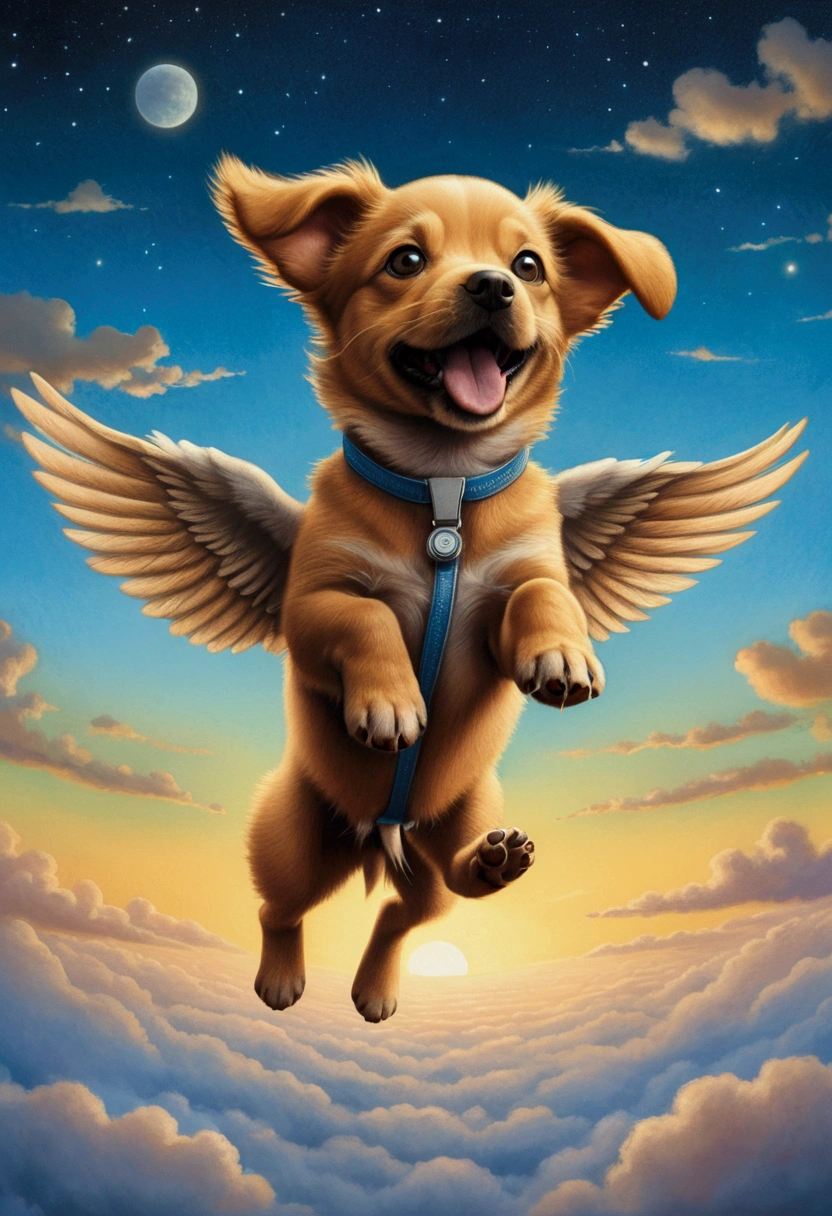 Flying Puppy, full body, by Pawel Kuczynski, cinematic still, (best quality, masterpiece), very aesthetic, perfect composition, intricate details, ultra-detailed, vivid colors