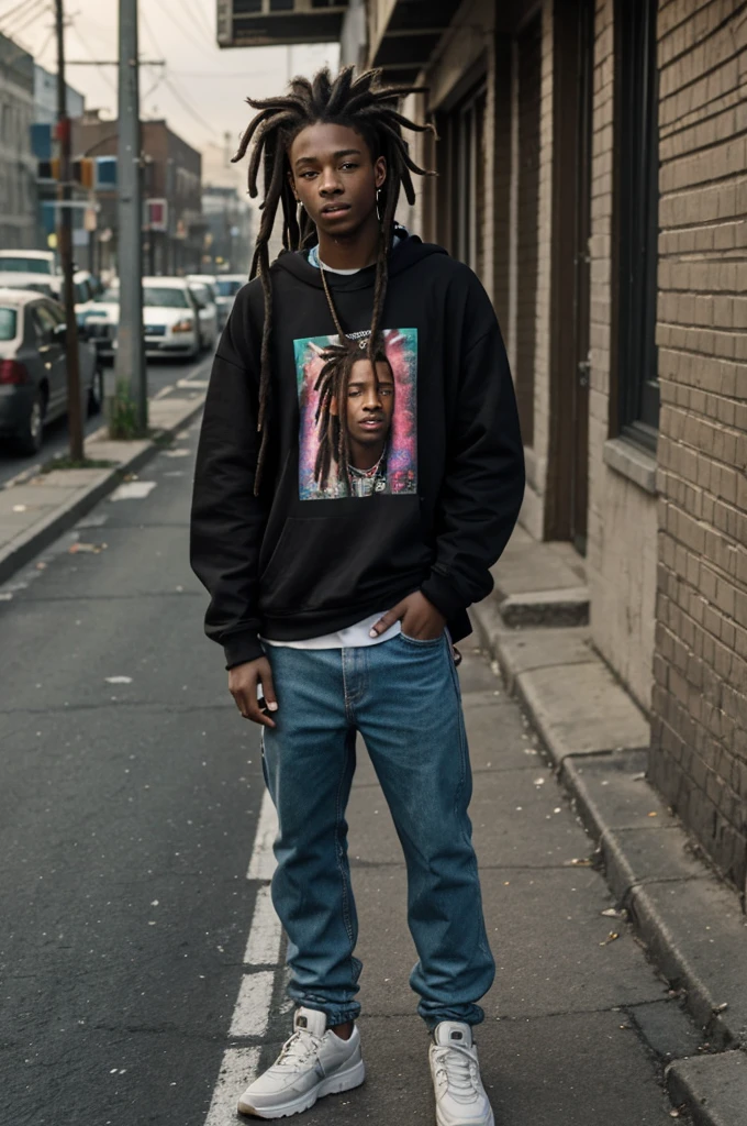 with freeform dreads smoking weed ,drinking lean ,standing on a block ,saying ‘this is it’ with money in his pocket ,and the road saying ‘long live shawn’