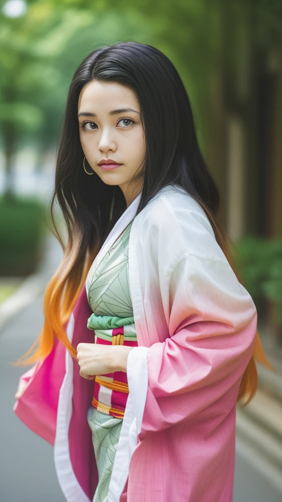 Cute Japanese woman, (), (Very cute face: 1.3), White moist skin, Looking at the camera, Melancholy expression,
BREAK,
Idol,
BREAK,
(Wearing cute kimono: 1.3), (Highly revealing kimono), Very large earrings, Short length,
BREAK,
(Fighting pose: 1.3),
BREAK,
(Long hair), (Pink hair: 1.2), (Wavy hair), (Gradient hair: 1.3), (Red hair at the ends),
BREAK,
(Realistic: 1.3), Masterpiece, Perfect lighting, (Ultra-high resolution), (8K), (Highly detailed: 1.4), (From the front), (Full body: 1.3), (Symmetrical: 1.2),
BREAK,
(Japanese city streets: 1.2),
BREAK,
(Demon Slayer: 1.4),
BREAK,
(Kasumi Arimura: 1.4),