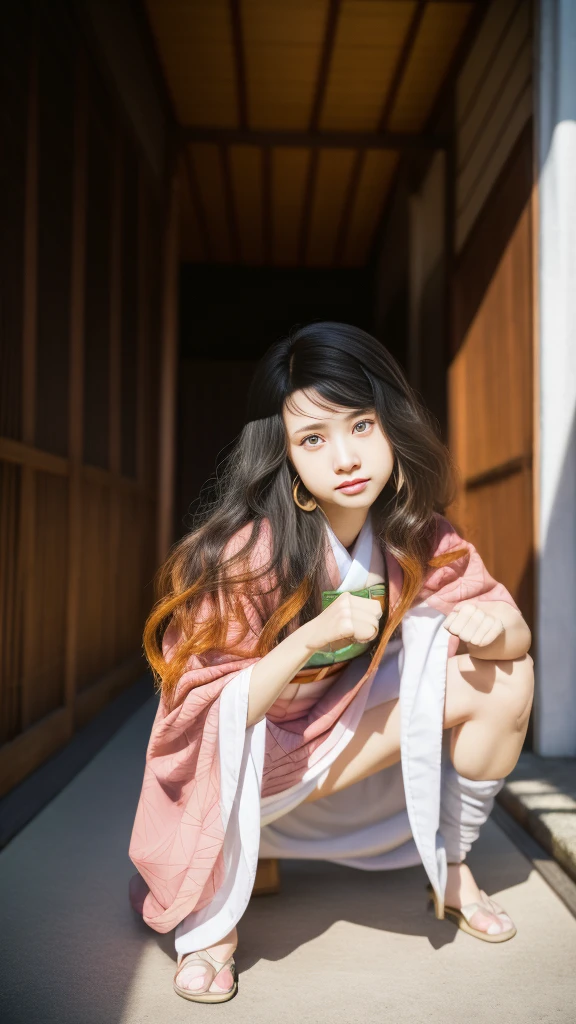 Cute Japanese woman, (16 years old), (Very cute face: 1.3), White moist skin, Looking at the camera, Melancholy expression,
BREAK,
Idol,
BREAK,
(Wearing cute kimono: 1.3), (Highly revealing kimono), Very large earrings, Short length,
BREAK,
(Fighting pose: 1.3),
BREAK,
(Long hair), (Pink hair: 1.2), (Wavy hair), (Gradient hair: 1.3), (Red hair at the ends),
BREAK,
(Realistic: 1.3), Masterpiece, Perfect lighting, (Ultra-high resolution), (8K), (Highly detailed: 1.4), (From the front), (Full body: 1.3), (Symmetrical: 1.2),
BREAK,
(Japanese city streets: 1.2),
BREAK,
(Demon Slayer: 1.4),
BREAK,
(Kasumi Arimura: 1.4),