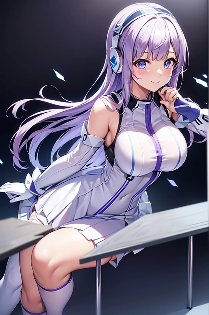 mecha wings、White and blue skirt、Accentuated thighs、White tights、chest、Beautiful light purple hair、1 girl、solo girl、Thick thighs、IS、Frame Arms Girl、Alice Gere Aegis、White Armor、Blue and purple lines、income、headphone、hand on own chest、smile