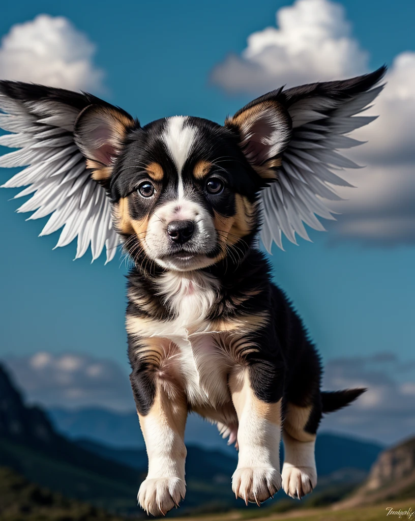 A cute puppy flying through the sky, adorable puppy, fluffy puppy, puppy with wings, whimsical puppy, fantasy puppy, magical puppy, puppy in the clouds, dynamic puppy, playful puppy, cute puppy expression, puppy soaring, puppy flying gracefully, fantasy landscape, vibrant colors, ethereal lighting, cinematic composition, digital art, 8k, high resolution, photorealistic, beautiful detailed eyes, beautiful detailed nose, beautiful detailed mouth, extremely detailed fur, adorable puppy expression