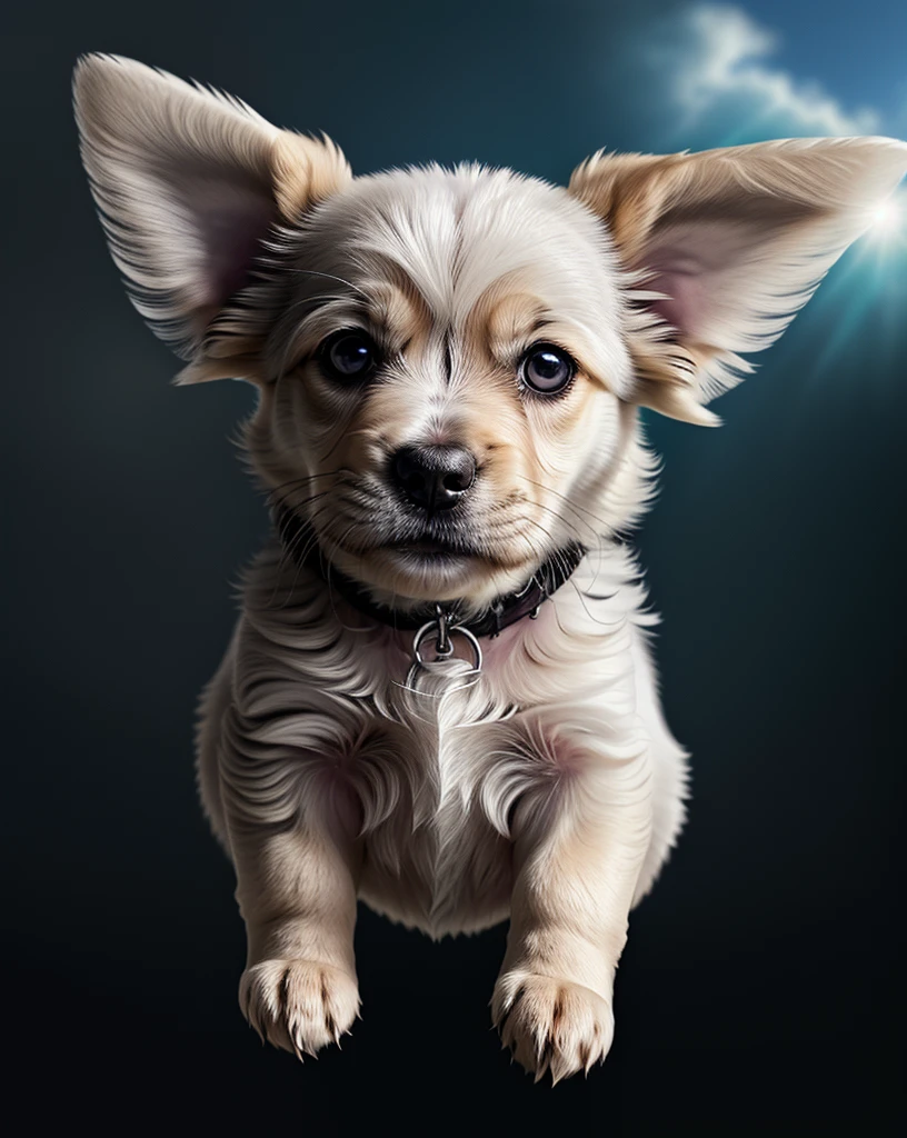 A cute puppy flying through the sky, adorable puppy, fluffy puppy, puppy with wings, whimsical puppy, fantasy puppy, magical puppy, puppy in the clouds, dynamic puppy, playful puppy, cute puppy expression, puppy soaring, puppy flying gracefully, fantasy landscape, vibrant colors, ethereal lighting, cinematic composition, digital art, 8k, high resolution, photorealistic, beautiful detailed eyes, beautiful detailed nose, beautiful detailed mouth, extremely detailed fur, adorable puppy expression