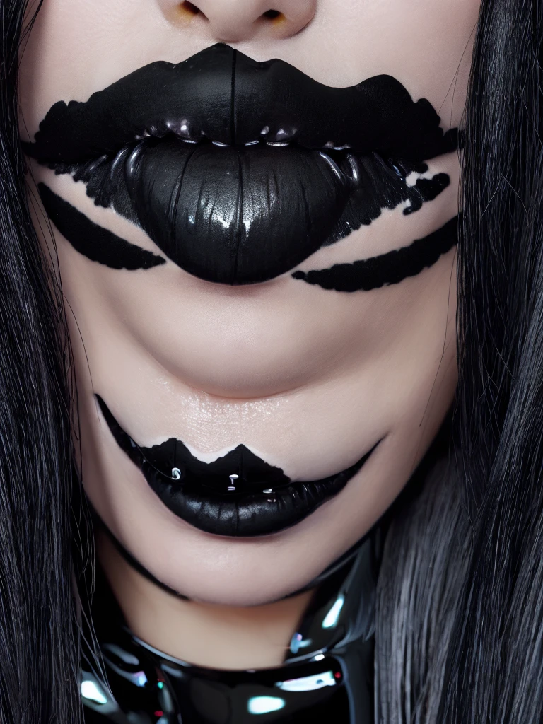 Best quality, masterpiece, ultra high res, photorealistic, raw photo, unity 8k wallpaper,(black lips:2.0),(black eyeshadow:1.3),parted lips,,(evil smile:1.0), latex suit.