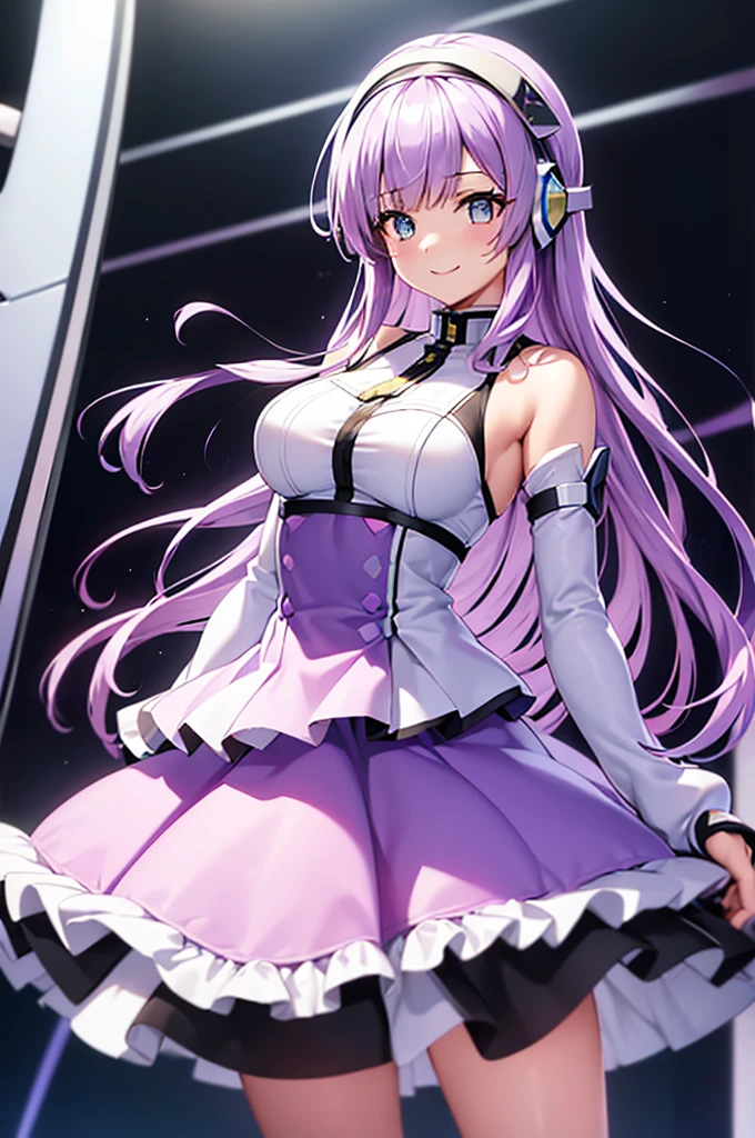 mecha wings、White Skirt、Accentuated thighs、chest、Light purple hair、1 girl、solo girl、IS、Frame Arms Girl、Alice Gere Aegis、Black and yellow armor、Pink Line、income、headphone、hand on own chest、smile