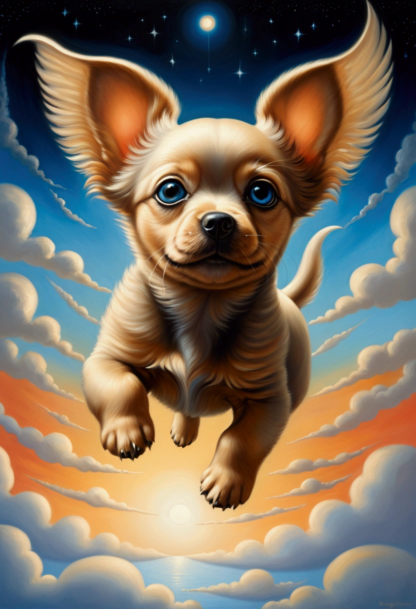 Flying Puppy, full body, by Bridget Bate Tichenor, cinematic still, (best quality, masterpiece), very aesthetic, perfect composition, intricate details, ultra-detailed, vivid colors