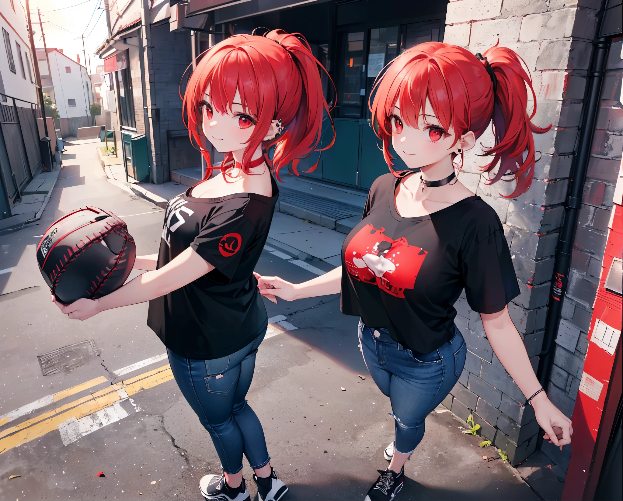 ,Realistic,Highest quality, Ultra Detail, High-quality CG rendering, The most delicate and beautiful, Floating softly, High resolution, (1 girl), (Highest quality,4K,8k,masterpiece:1.2),(All red hair:1.5), (ponytail:1.5),(Red eyes:1.5),(Slightly larger breasts:1.2), (Oversized black short sleeve t-shirt:1.3),(Black skinny jeans:1.3),(Black baseball cap:1.3),In the city,old buildings,Narrow back alley,(Are standing:1.3),smile,(Piercing in left ear:1.3),(Pitch black choker:1.5),,(whole body:1.3),