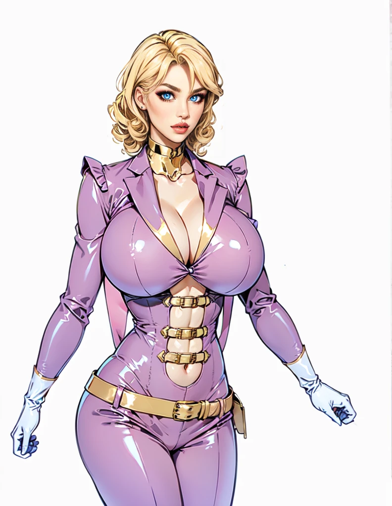 adult woman, blonde curly hair, pink latex Blazer Suit,gold belts, pinkt latex Trousers,white gloves, blue eyes, big breast,standing