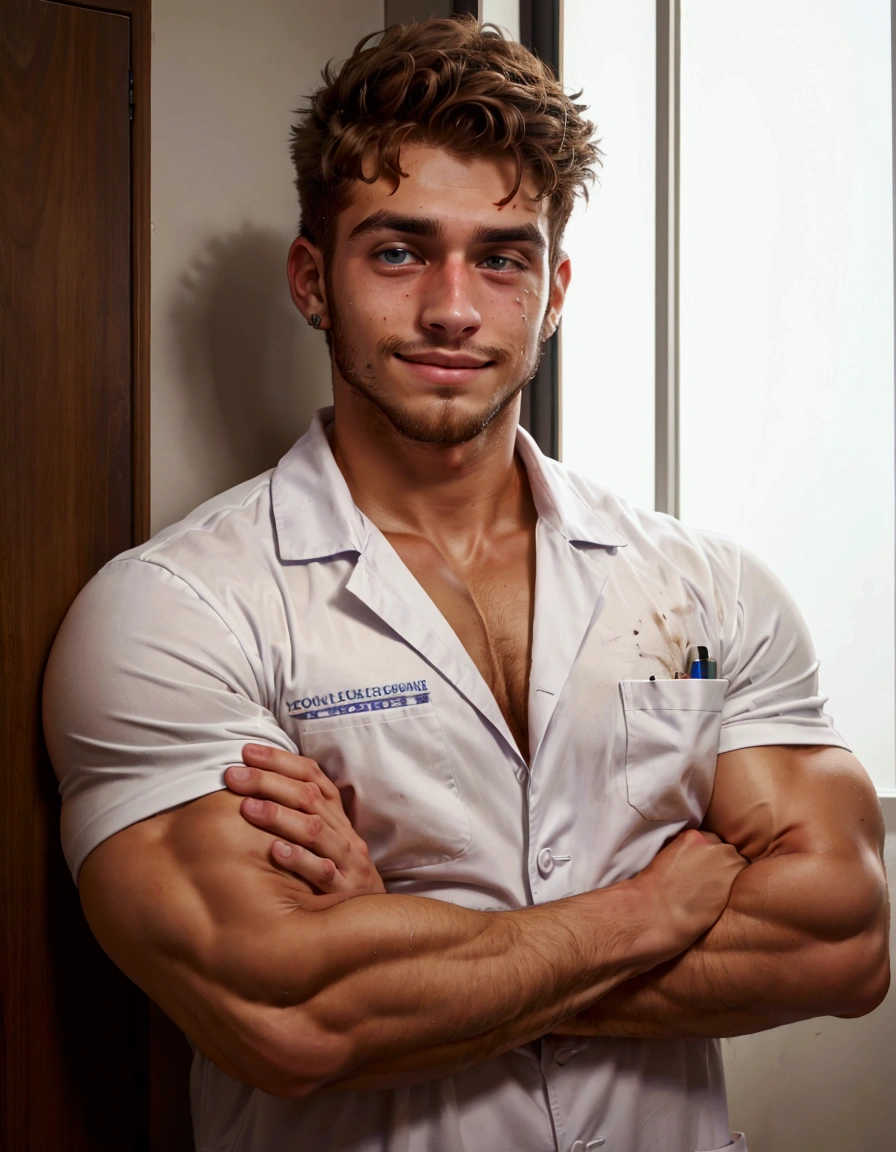 Medium shot,Medicine student,Cross your arms over your chest, cool , masculine,big muscle, 22 year old,tan skin,(messy brown hair),soft facial hair,handsome , in university ,confidence,smirk