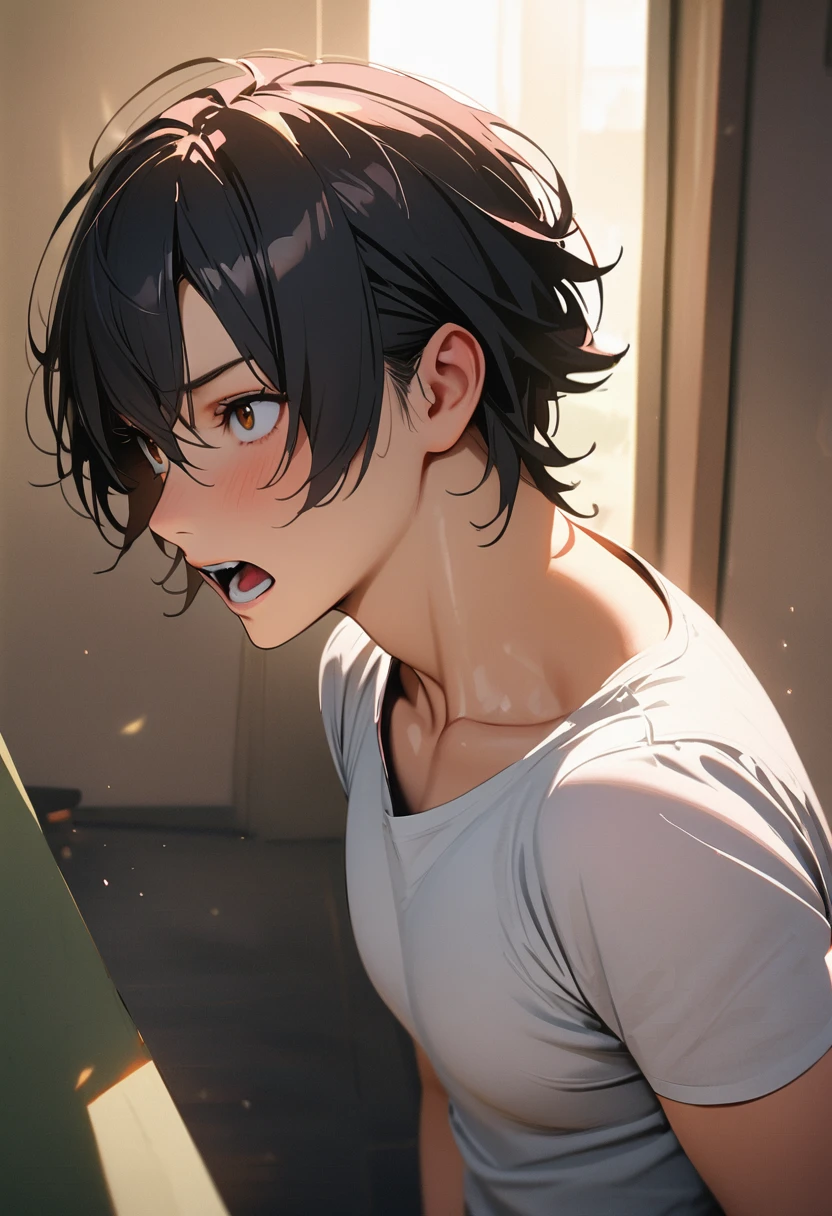 modern, Verism, masterpiece, textured skin, super detail, best quality, 4K ,A handsome man, black hair, short hair, He has his mouth wide open, showing a very surprised expression.