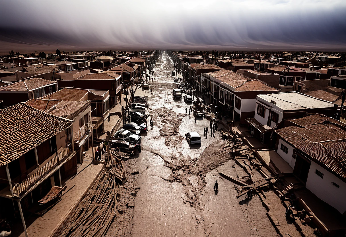Dramatic image depicts a frightening earthquake scenario. The scene shows houses and buildings shaken due to the strong tremor in Atacama, Chile. People on the cracked street with cracks and dust raised due to the strong movement of buildings. The darkened sky makes the scenario threatening and critical.