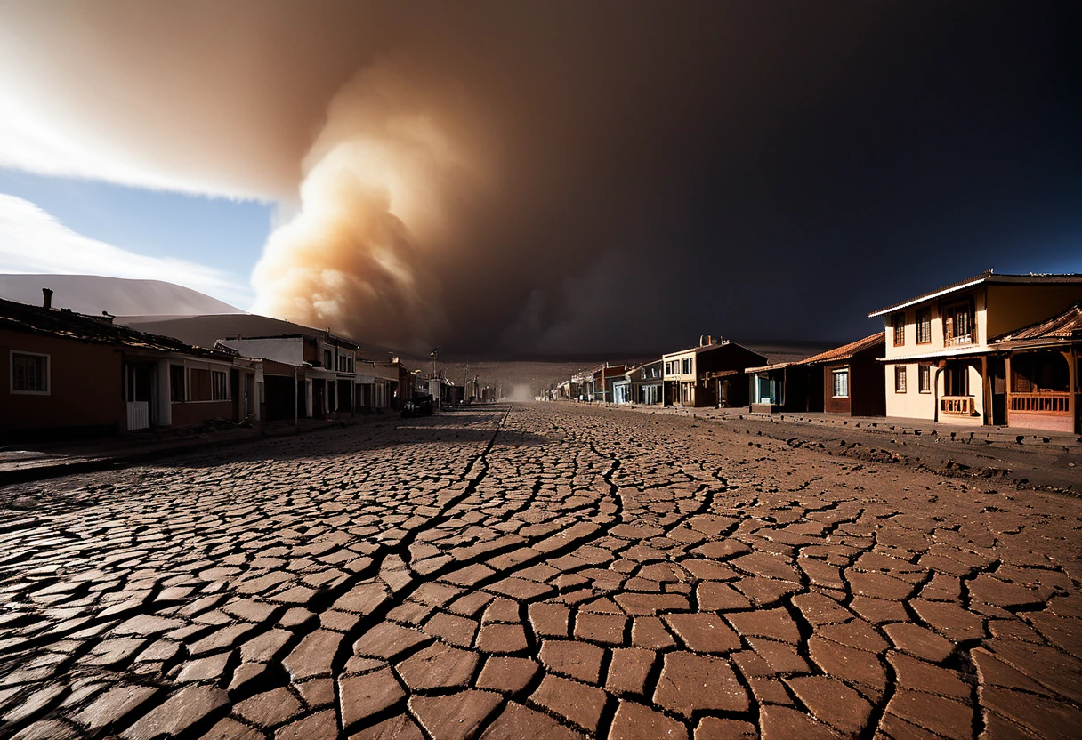 Dramatic image depicts a frightening earthquake scenario. The scene shows houses and buildings shaken due to the strong tremor in Atacama, Chile. People on the cracked street with cracks and dust raised due to the strong movement of buildings. The darkened sky makes the scenario threatening and critical.