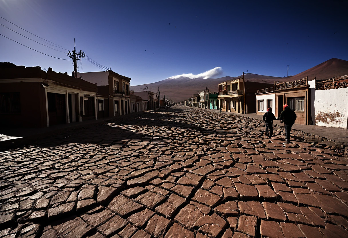 Dramatic image depicts a frightening earthquake scenario. The scene shows houses and buildings shaken due to the strong tremor in Atacama, Chile. People on the cracked street with cracks and dust raised due to the strong movement of buildings. The darkened sky makes the scenario threatening and critical.