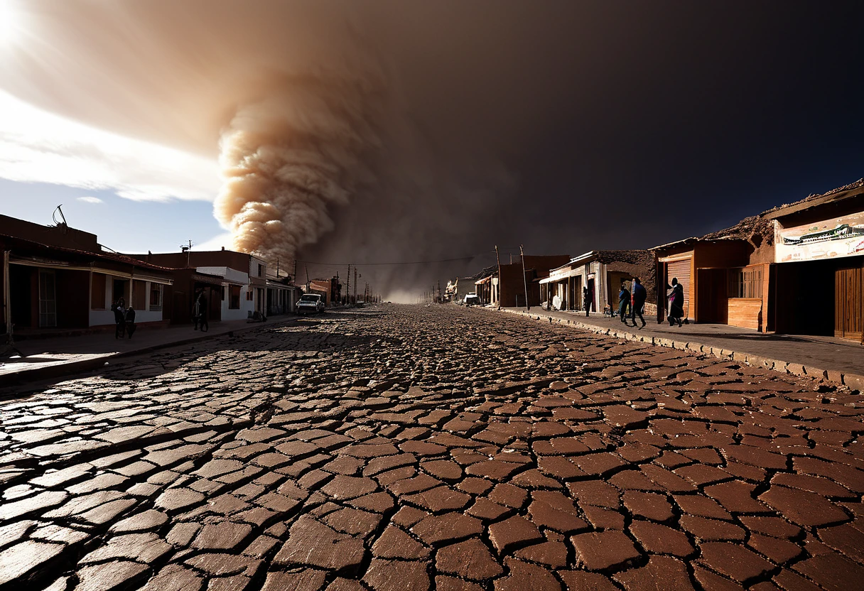 Dramatic image depicts a frightening earthquake scenario. The scene shows houses and buildings shaken due to the strong tremor in Atacama, Chile. People on the cracked street with cracks and dust raised due to the strong movement of buildings. The darkened sky makes the scenario threatening and critical.