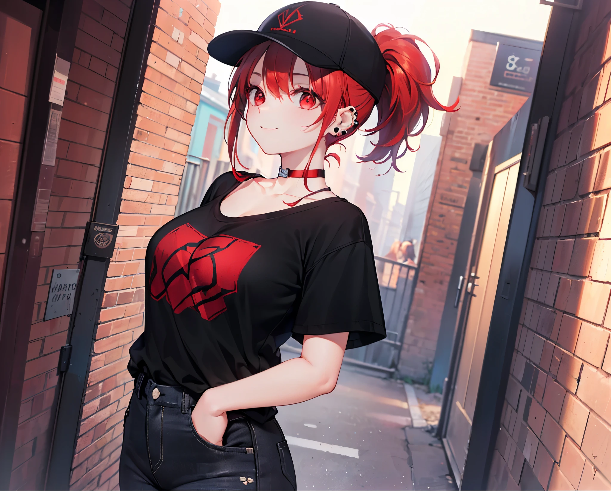 ,Realistic,Highest quality, Ultra Detail, High-quality CG rendering, The most delicate and beautiful, Floating softly, High resolution, (1 girl), (Highest quality,4K,8k,masterpiece:1.2),(All red hair:1.5), (ponytail:1.5),(Red eyes:1.5),(Slightly larger breasts:1.2), (Oversized black short sleeve t-shirt:1.3),(Black skinny jeans:1.3),(Black baseball cap:1.3),In the city,old buildings,Narrow back alley,(Are standing:1.3),smile,(Piercing in left ear:1.3),(Pitch black choker:1.5),,(whole body:1.3),
