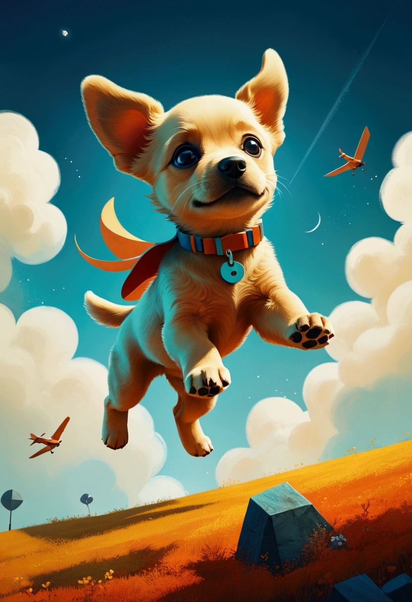 Flying Puppy, full body, by Dan Matutina, cinematic still, (best quality, masterpiece), very aesthetic, perfect composition, intricate details, ultra-detailed, vivid colors