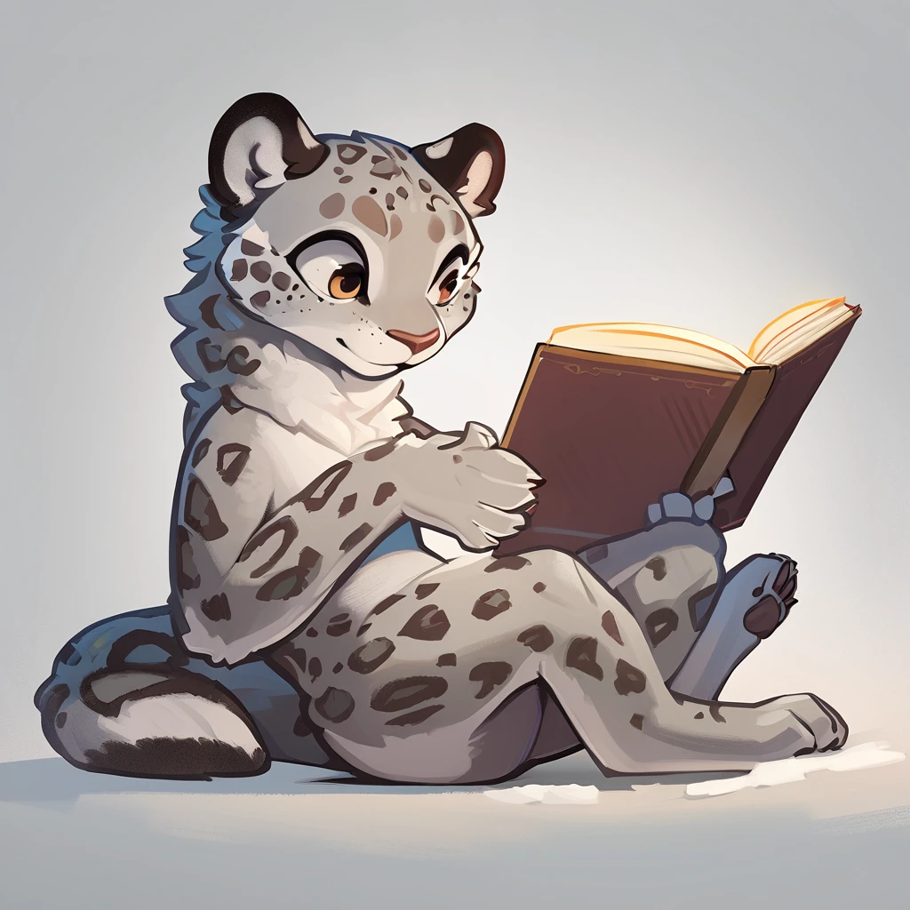 Cute Snow Leopard,Sit down and read a book,2D,pop,front,Large limbs,Very detailed, Concept Art, Character Design, figure, Highest quality, masterpiece, Deformation